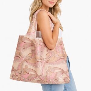 Elegant Pink Paisley Foldable Large Tote Bag with Pouch